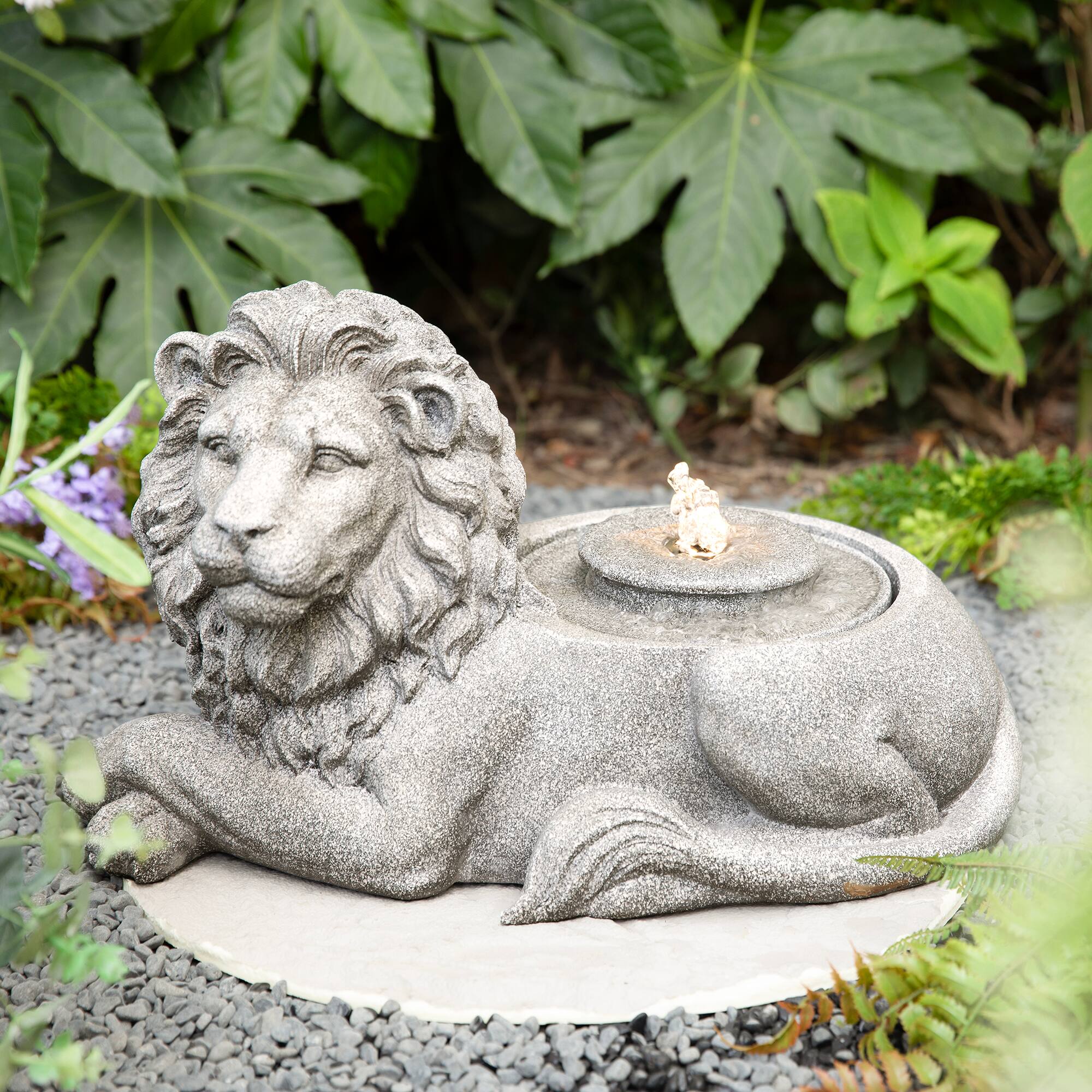 Glitzhome® 20" Zen-Style LED Lying Lion Outdoor Fountain